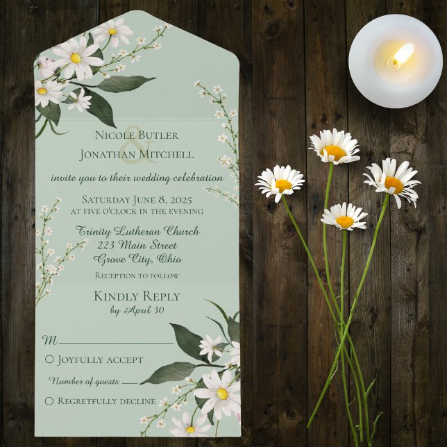 Simple Daisies on Sage Green  All In One Invitation (Also available with QR code)