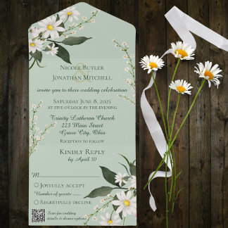Simple Daisies on Sage Green with QR Code All In One Invitation