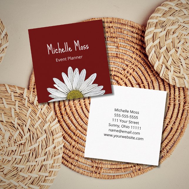 Simple Daisy Boho Red Burgundy Event Planner Square Business Card (Creator Uploaded)