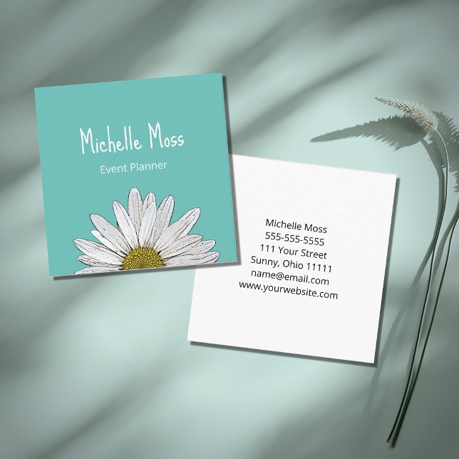 Simple Daisy Botanical Event Planner Teal Green Square Business Card (Creator Uploaded)