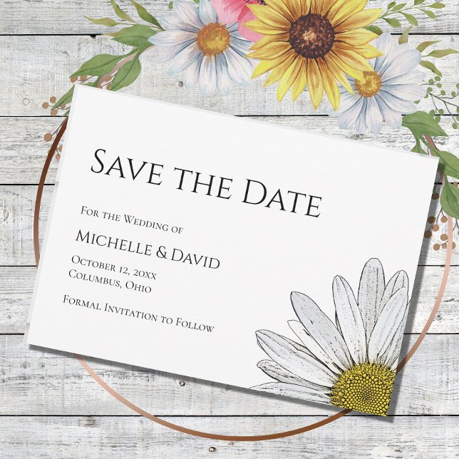 Simple Daisy Floral Wedding Black White   Save The Date (Creator Uploaded)
