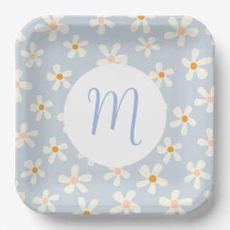 Simple Daisy Flower Blue and White Custom Initial Paper Plate