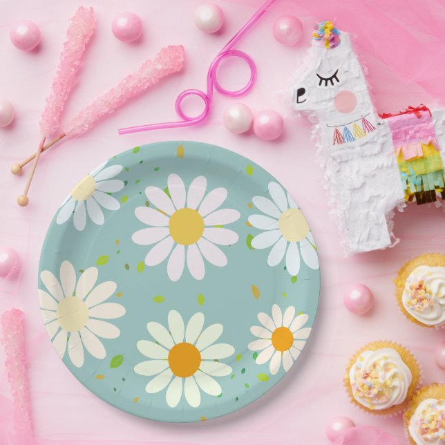 Simple Daisy Flowers Floral Pattern trendy Girly  Paper Plate (Party)