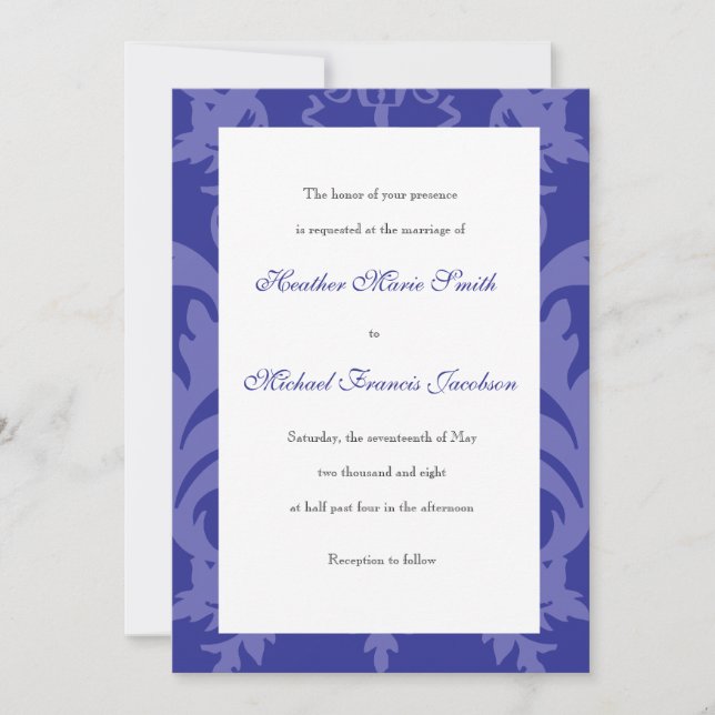 Simple Damask Royal Blue Wedding Invitation (Front)