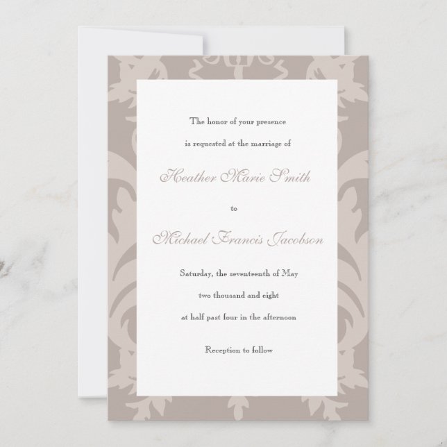 Simple Damask Taupe Wedding Invitation (Front)