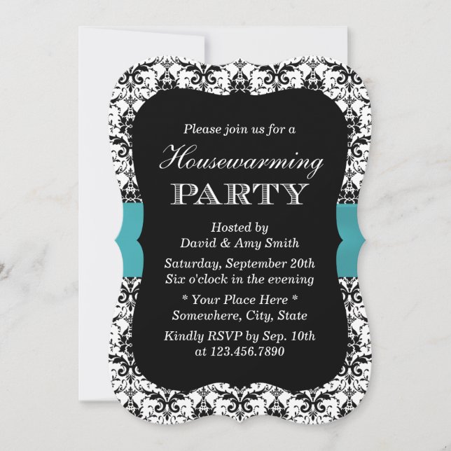Simple Damask & Teal Ribbon Housewarming Party Invitation (Front)