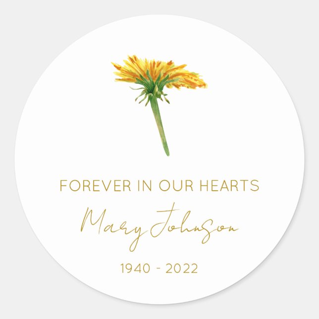 Simple Dandelion Memorial  Classic Round Sticker (Front)