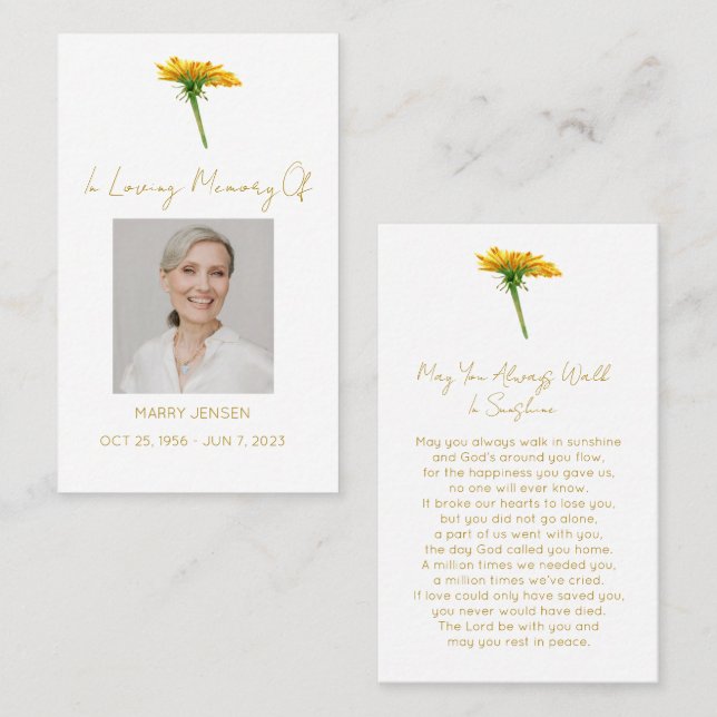 Simple Dandelion Photo Funeral Prayer Card (Front/Back)