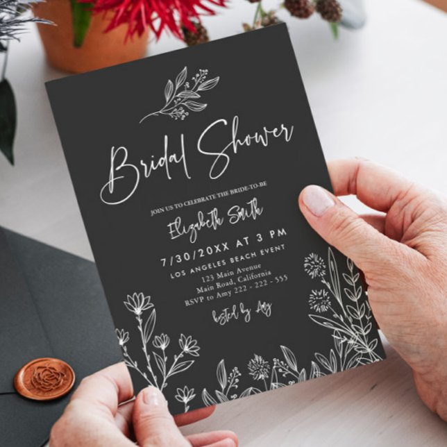 Simple Dark Black Wildflowers  Bridal Shower  Invitation (Creator Uploaded)