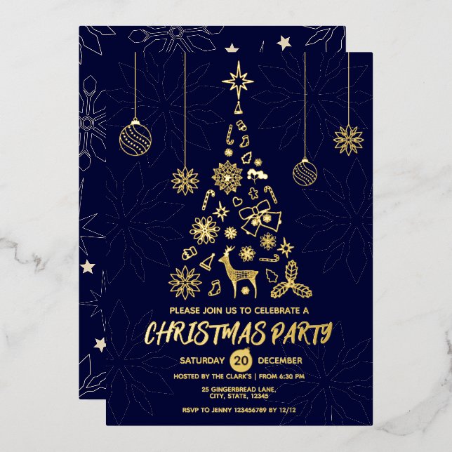 Simple Dark Blue and Gold Elegant Christmas Tree (Front/Back)