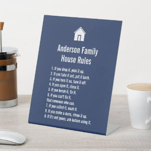 Simple Dark Blue and White Family's House Rules Pedestal Sign