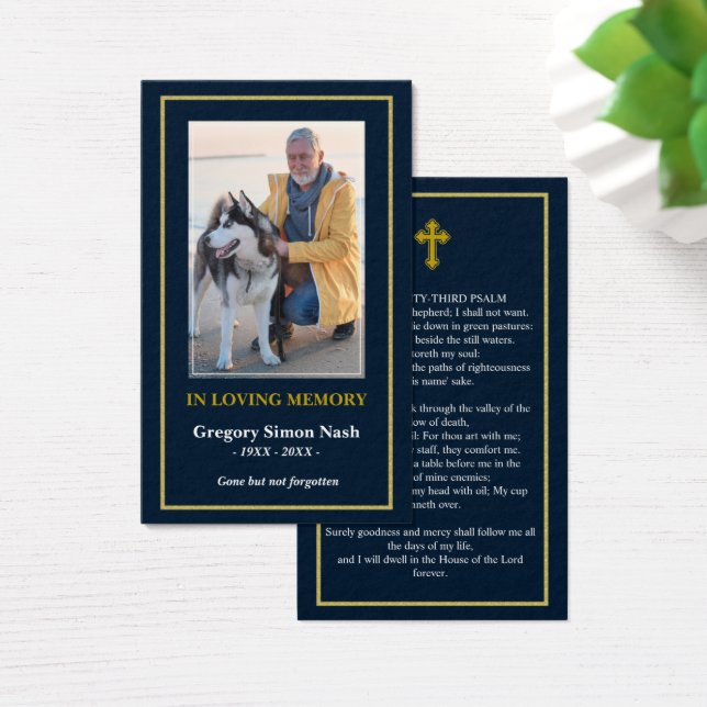 Simple Dark Blue Gold Photo Funeral Card (Desk)