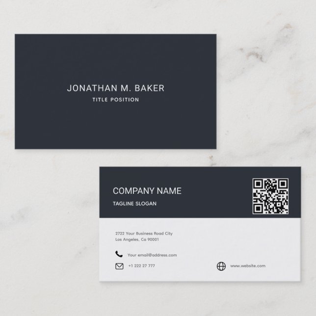 Simple Dark Blue QR Code Business Card (Front/Back)