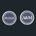 Simple Dark Blue Wedding Monogram Groom Silver Finish Cufflinks<br><div class="desc">The design features a circle outline on a dark midnight blue background with the wedding date and the couple's initials using a modern font typography. You can customise the background colour to match your wedding theme.</div>