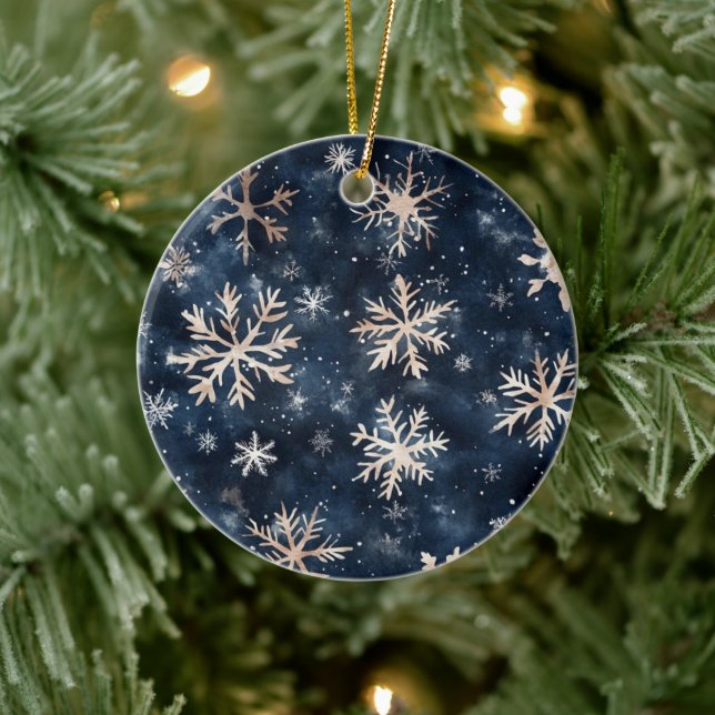 Simple Dark Blue with Snowflakes All Over Print Ceramic Ornament (Tree)
