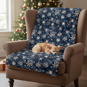 Simple Dark Blue with Snowflakes Fleece Blanket