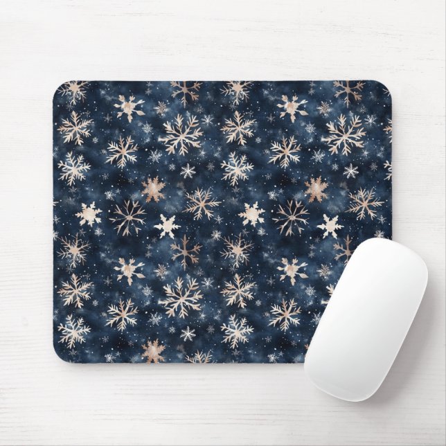Simple Dark Blue with Snowflakes Mouse Pad (With Mouse)