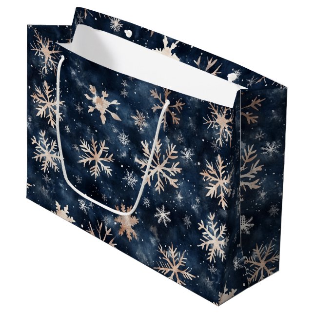 Simple Dark Blue with Snowflakes Pattern Large Gift Bag (Front Angled)