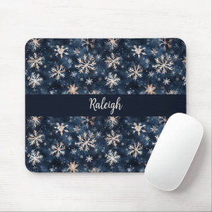 Simple Dark Blue with Snowflakes Personalised Mouse Pad