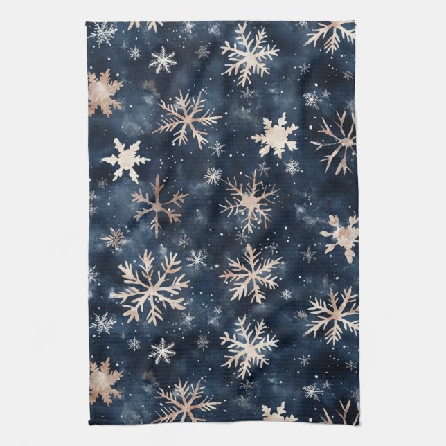 Simple Dark Blue with Snowflakes Tea Towel (Vertical)