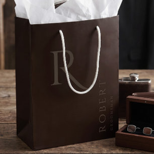 Simple Dark Brown Monogram Personalised Groomsmen Medium Gift Bag