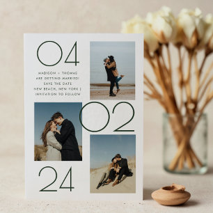 Simple Dark Green 3 Photo Wedding Save The Date Magnetic Invitation