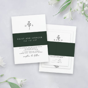 Simple Dark Green Minimalist Names Classic Wedding Invitation Belly Band