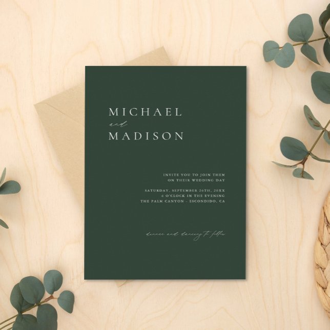 Simple Dark Green Moss Scandi Minimalist Wedding Invitation (Creator Uploaded)