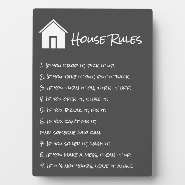 Simple Dark Grey and White House Rules Plaque (Front)