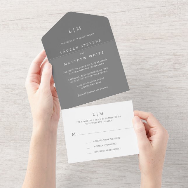 Simple Dark Grey Monogram Elegant Wedding All In One Invitation (Tearaway)