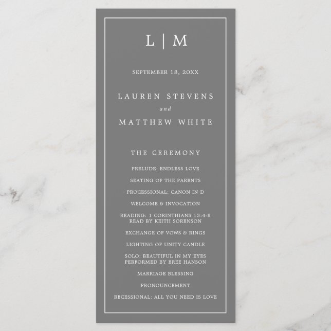 Simple Dark Grey Monogram Elegant Wedding Program (Front)