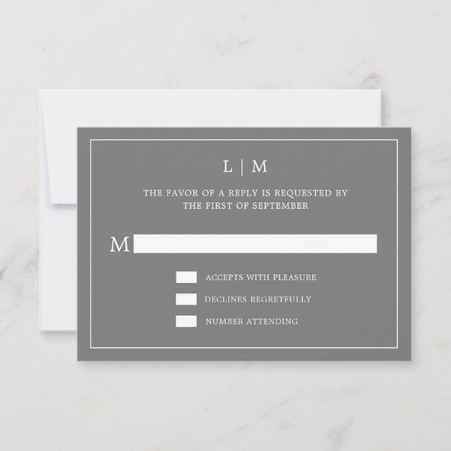 Simple Dark Grey Monogram Elegant Wedding RSVP Card (Front)