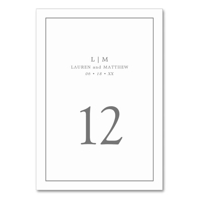 Simple Dark Grey Monogram Elegant Wedding Table Number (Front)