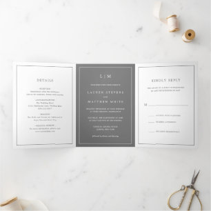 Simple Dark Grey Monogram Elegant Wedding Tri-Fold Invitation