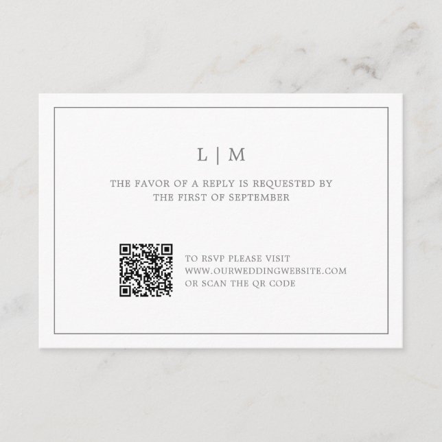 Simple Dark Grey Monogram QR Code Elegant Wedding RSVP Card (Front)