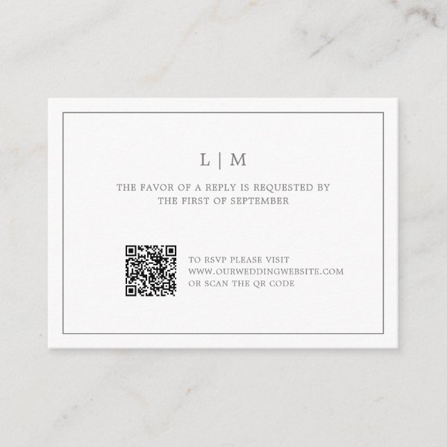 Simple Dark Grey Monogram QR Code Wedding RSVP Card (Front)
