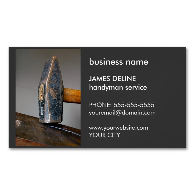 Simple Dark Hammer Handyman Service Magnetic Business Card (Front)