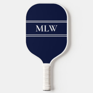 Simple Dark Midnight Blue and White Monogrammed Pickleball Paddle