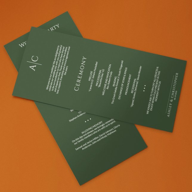 Simple Dark Moss Green Monogram Wedding Ceremony Program (Creator Uploaded)