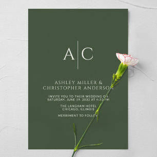 Simple Dark Moss Green Monogram Wedding Invitation