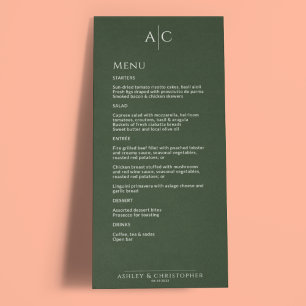 Simple Dark Moss Green Monogram Wedding Reception Menu