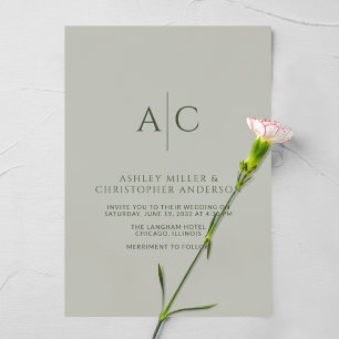 Simple Dark Moss & Sage Green Monogram Wedding Invitation