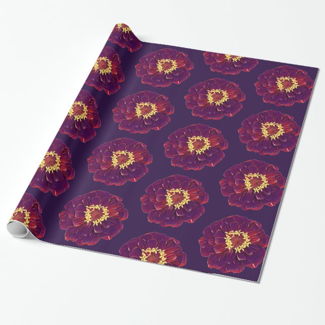 Simple Dark Purple Painted Zinnia Floral  Wrapping Paper (Unrolled)