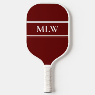 Simple Dark Red and White Monogrammed Pickleball Paddle