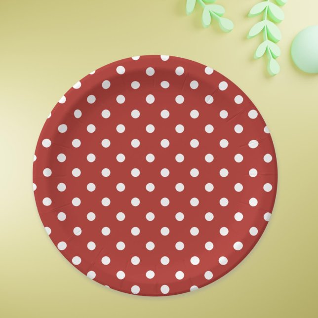 Simple Dark Red Big White Polka Dot Pattern  Paper Plate (Red paper plates with white polka dots for traditional and festive celebrations)