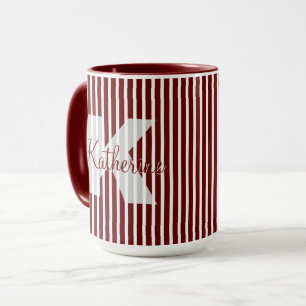 Simple Dark Red/White Stripes Pattern Name Initial Mug