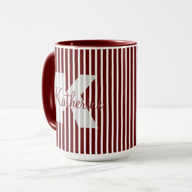 Simple Dark Red/White Stripes Pattern Name Initial Mug (Front Left)