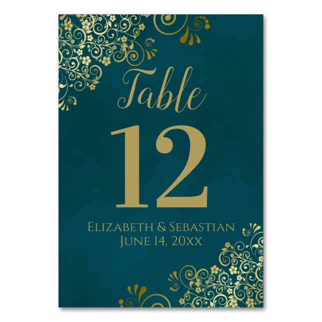 Simple Dark Teal and Gold Elegant Frilly Wedding Table Number (Front)