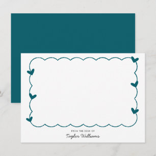 Simple Dark Teal Blue Wavy Border Heart Stationery Card