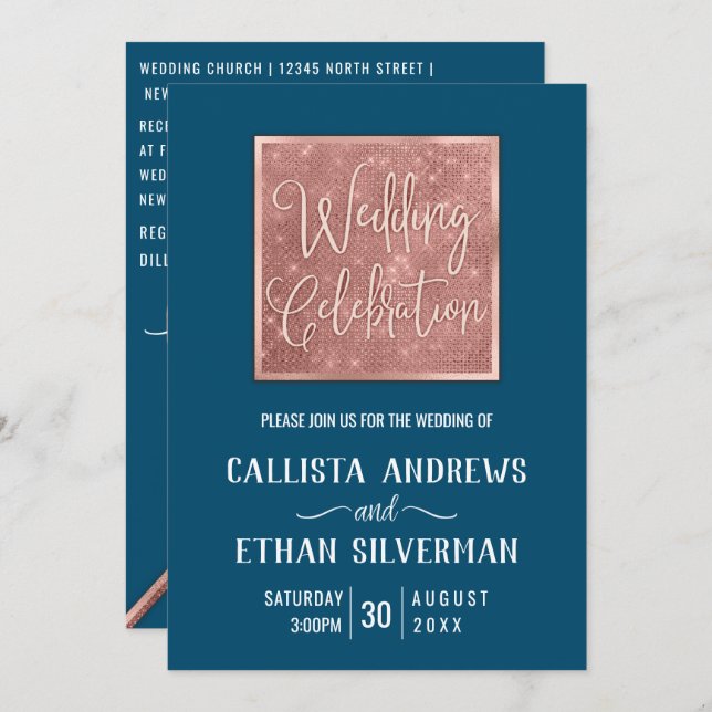 Simple Dark Teal Rose Gold Glitter Geo Wedding Invitation (Front/Back)